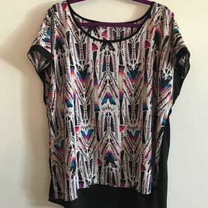 Fun tribal print blouse with back cutout 1X